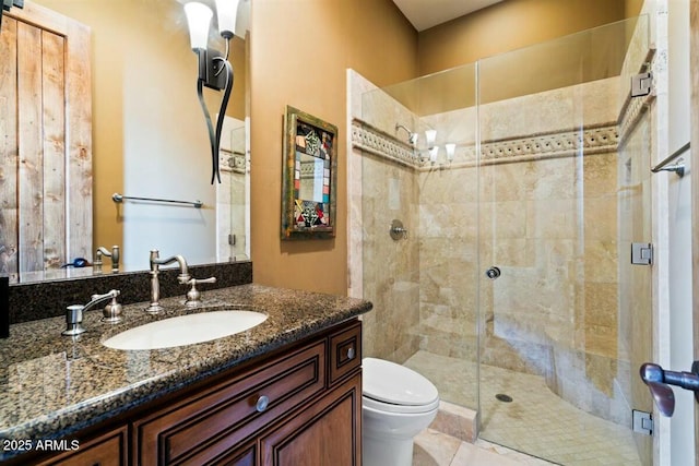 full bath featuring vanity, a shower stall, and toilet