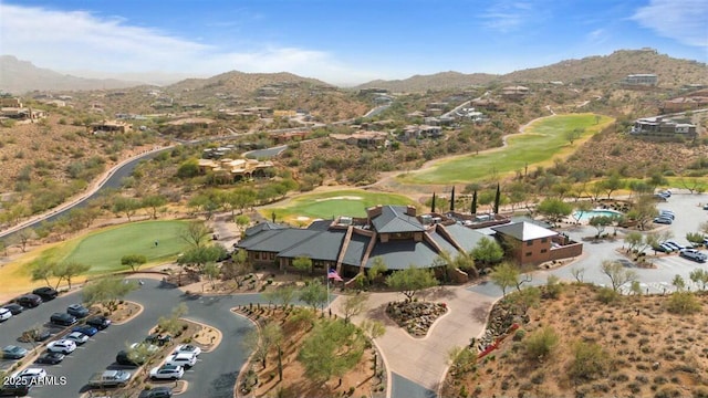 birds eye view of property featuring a mountain view and golf course view