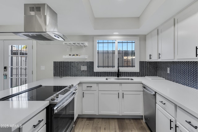 kitchen featuring sink, appliances with stainless steel finishes, a wealth of natural light, island exhaust hood, and white cabinets