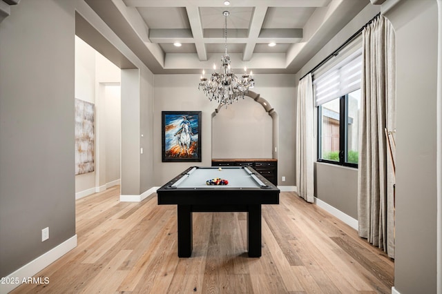 recreation room with coffered ceiling, billiards table, baseboards, light wood-style floors, and beam ceiling