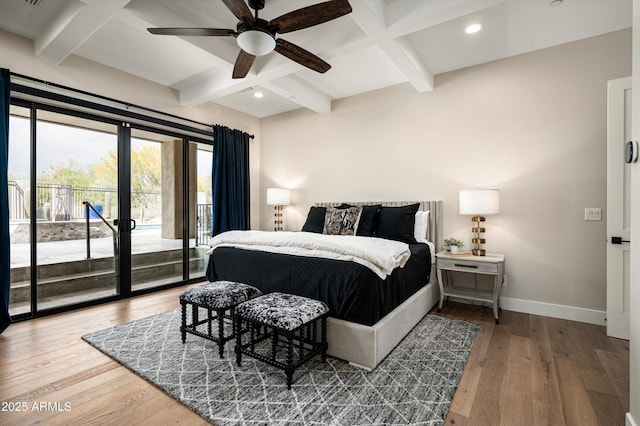 bedroom featuring access to outside, baseboards, beam ceiling, coffered ceiling, and hardwood / wood-style flooring