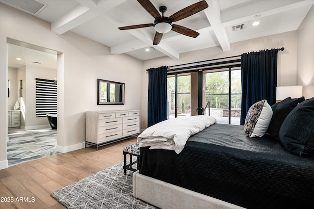 bedroom featuring light wood-style floors, coffered ceiling, beam ceiling, access to exterior, and baseboards