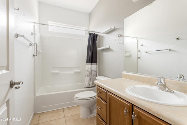 bathroom with tile patterned floors, shower / tub combo with curtain, toilet, and vanity