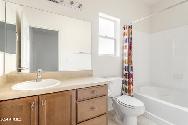 full bathroom featuring tile patterned floors, shower / bath combination with curtain, toilet, and vanity