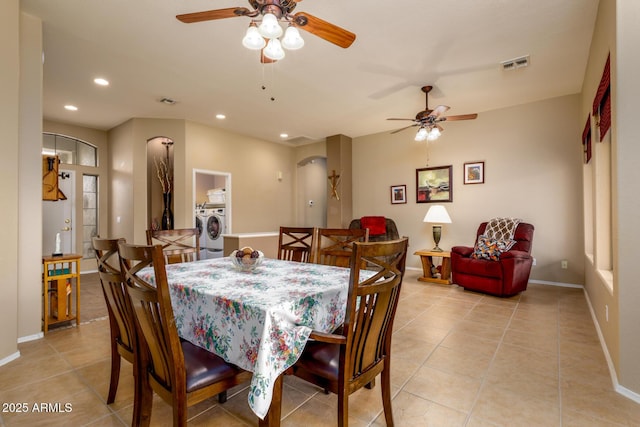 10242 E Pantera Ave, Mesa, AZ 85212 - dining room with washer and dryer, a ceiling fan, recessed lighting, light tile patterned floors, and baseboards