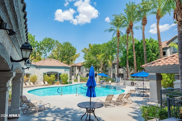 view of swimming pool with a patio