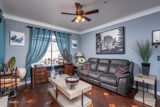 living room featuring crown molding, ceiling fan, and dark parquet flooring