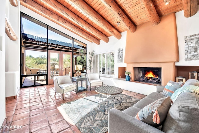 living room featuring high vaulted ceiling, a healthy amount of sunlight, wooden ceiling, and beamed ceiling