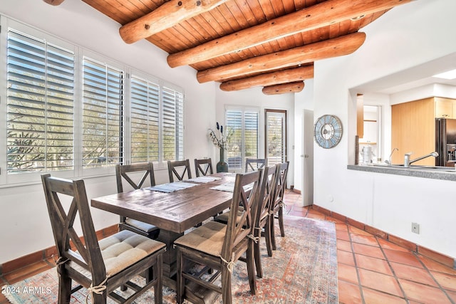 dining area with beam ceiling, wood ceiling, and light tile patterned floors