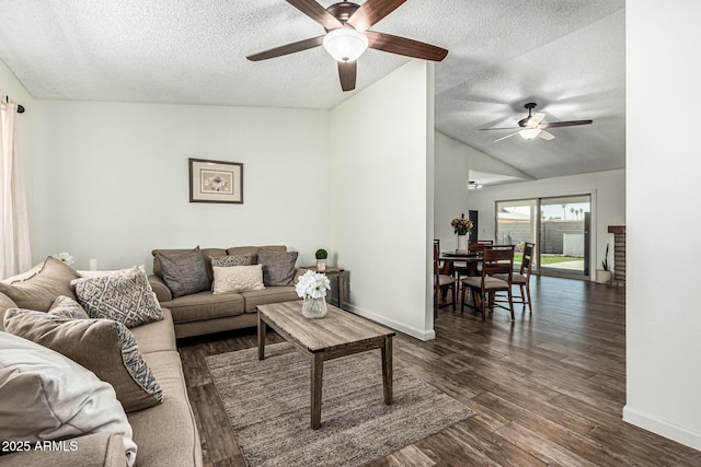 18818 N 12th Ave, Phoenix, AZ 85027 - living area featuring lofted ceiling, a ceiling fan, a textured ceiling, and dark wood-style floors
