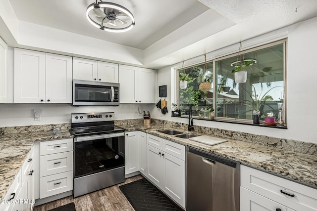 18818 N 12th Ave, Phoenix, AZ 85027 - kitchen with appliances with stainless steel finishes, a tray ceiling, white cabinets, and dark wood-style floors