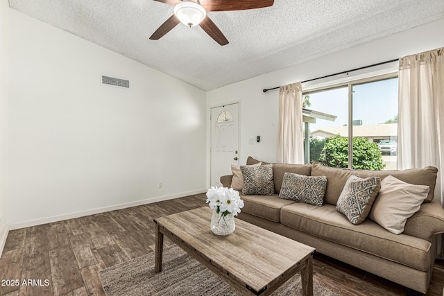 18818 N 12th Ave, Phoenix, AZ 85027 - living area featuring a textured ceiling, vaulted ceiling, a ceiling fan, and wood finished floors