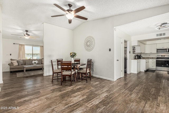 18818 N 12th Ave, Phoenix, AZ 85027 - dining room featuring ceiling fan, dark wood-style flooring, lofted ceiling, and a textured ceiling