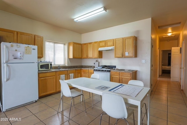 1831 E Pueblo Ave, Phoenix, AZ 85040 - kitchen with white appliances, under cabinet range hood, light tile patterned flooring, and a sink