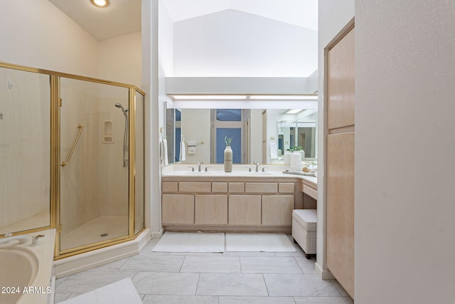 bathroom featuring high vaulted ceiling, vanity, an enclosed shower, and tile patterned floors