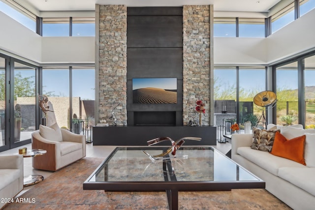 living room featuring a high ceiling