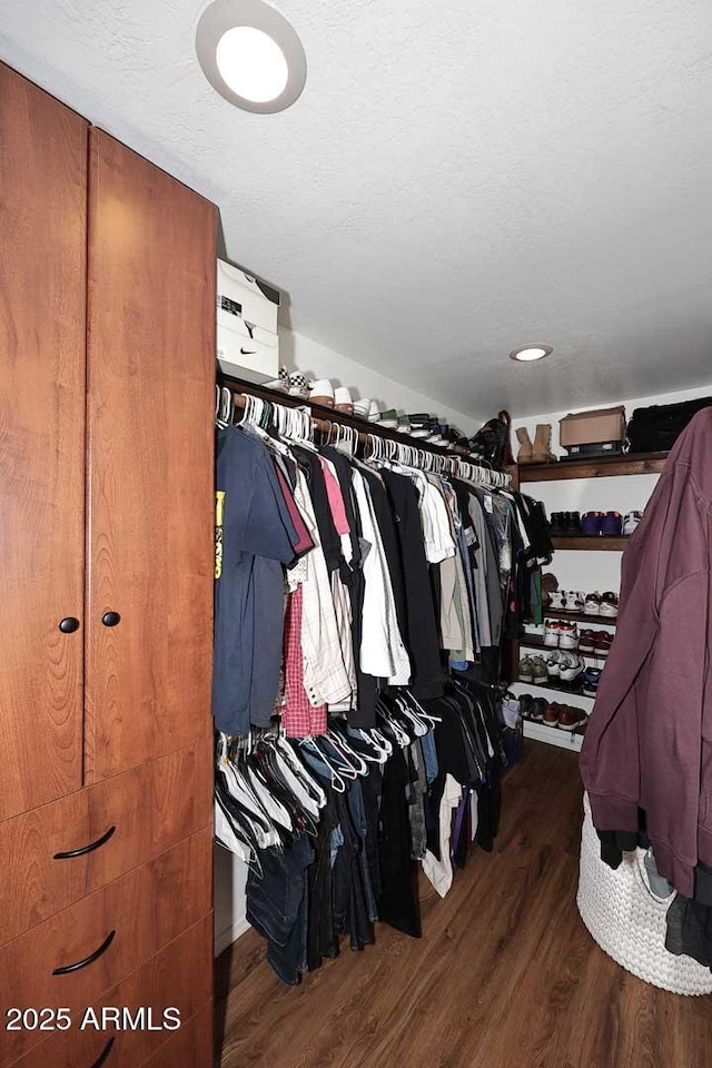 walk in closet with wood finished floors