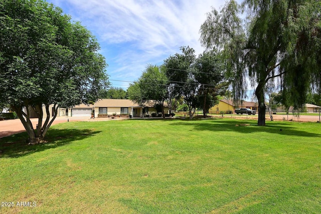 view of yard with concrete driveway and a garage