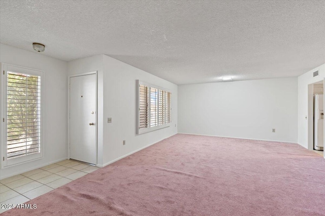 unfurnished room with light colored carpet and a textured ceiling