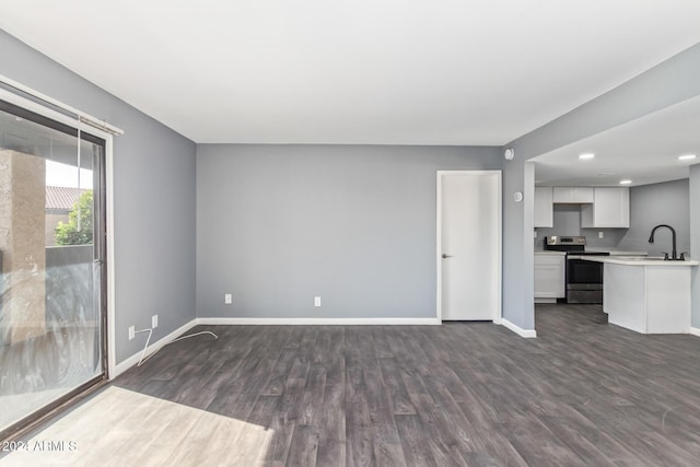 unfurnished living room with sink and dark wood-type flooring