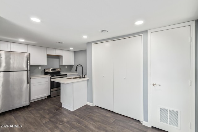 kitchen featuring white cabinets, sink, stainless steel appliances, and dark wood-type flooring