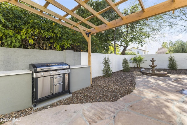 view of patio / terrace with a fenced backyard, a grill, a pergola, and area for grilling