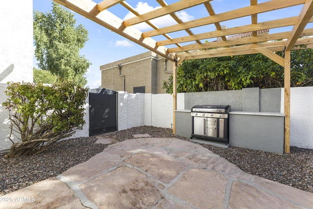 view of patio / terrace with exterior kitchen, area for grilling, a gate, and a pergola