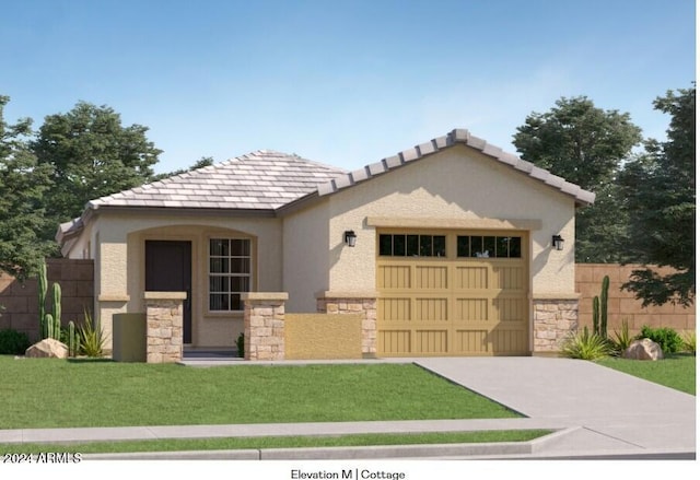 view of front of property with stucco siding, driveway, stone siding, an attached garage, and fence