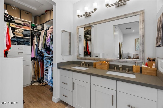 bathroom with hardwood / wood-style flooring and vanity