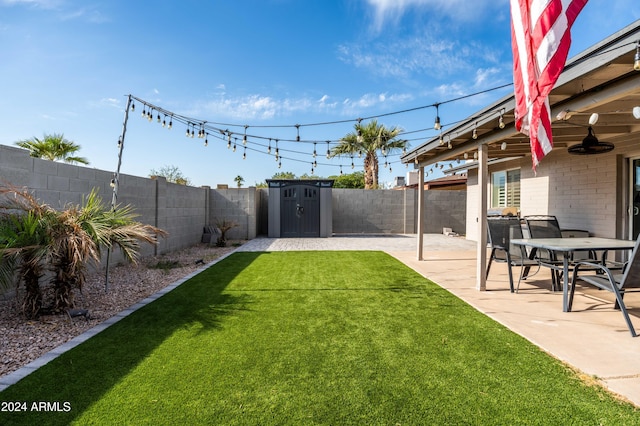 view of yard featuring a patio and a storage unit