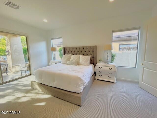 8227 E Beardsley Rd, Scottsdale, AZ 85255 - carpeted bedroom with access to outside, baseboards, visible vents, and recessed lighting