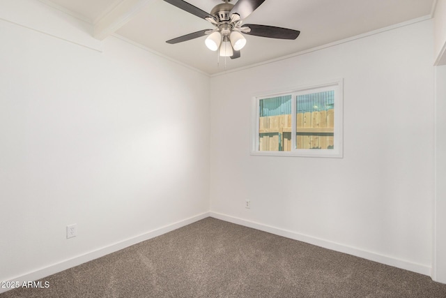 carpeted empty room with beamed ceiling, baseboards, and ceiling fan