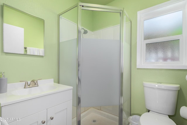 bathroom with a shower stall, toilet, and vanity