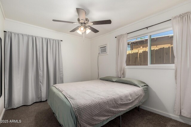 bedroom with a wall mounted AC, carpet floors, and ceiling fan