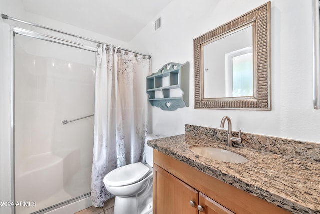 bathroom with vanity, a baseboard heating unit, tile patterned floors, toilet, and walk in shower