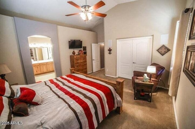 6731 S 37th Dr, Phoenix, AZ 85041 - bedroom with carpet floors, high vaulted ceiling, arched walkways, connected bathroom, and a ceiling fan