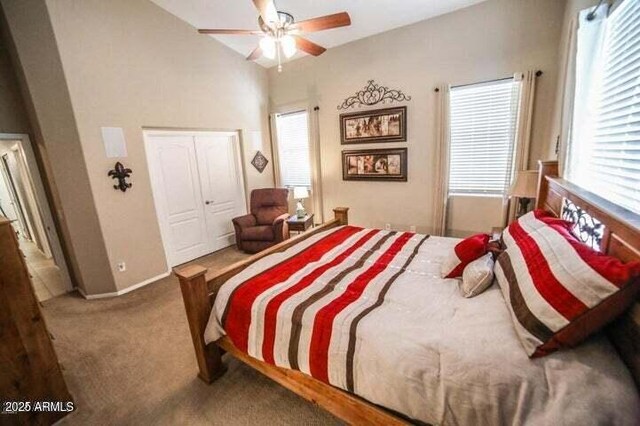 6731 S 37th Dr, Phoenix, AZ 85041 - carpeted bedroom with a ceiling fan and lofted ceiling