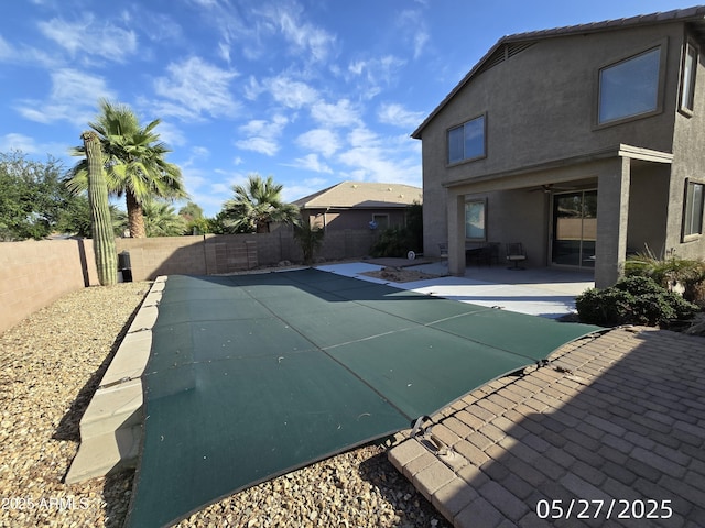 43455 W Chisholm Dr, Maricopa, AZ 85138 - view of swimming pool with a patio, a fenced backyard, and a ceiling fan