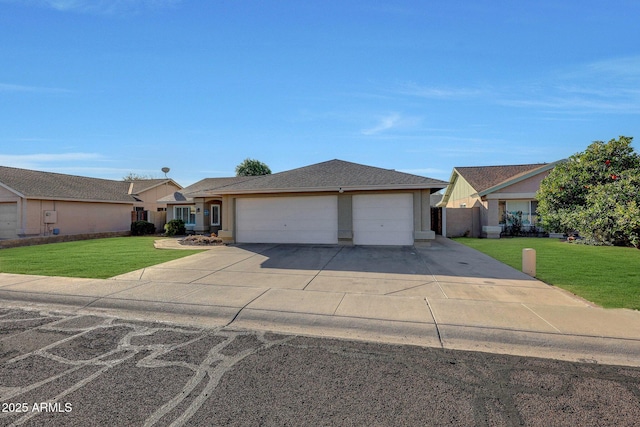 single story home with a garage and a front yard