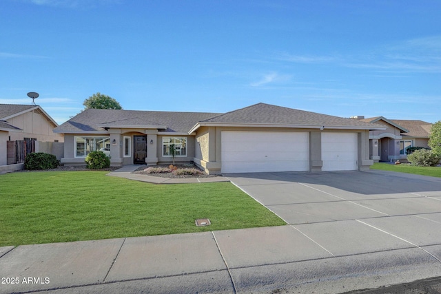 single story home featuring a garage and a front lawn