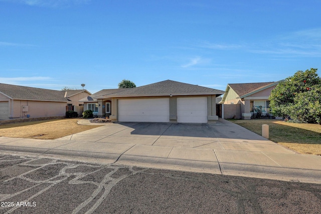 single story home featuring a garage and a front lawn