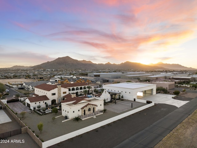 aerial view at dusk with a mountain view