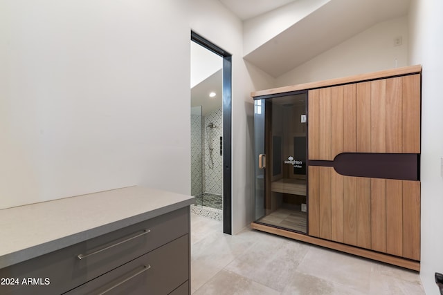 bathroom featuring vaulted ceiling