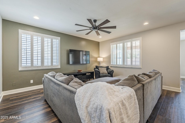 9752 E Torino Ave, Mesa, AZ 85212 - living room featuring a ceiling fan, baseboards, dark wood finished floors, and recessed lighting