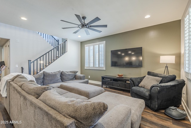 9752 E Torino Ave, Mesa, AZ 85212 - living room with dark wood-style floors, ceiling fan, recessed lighting, baseboards, and stairway