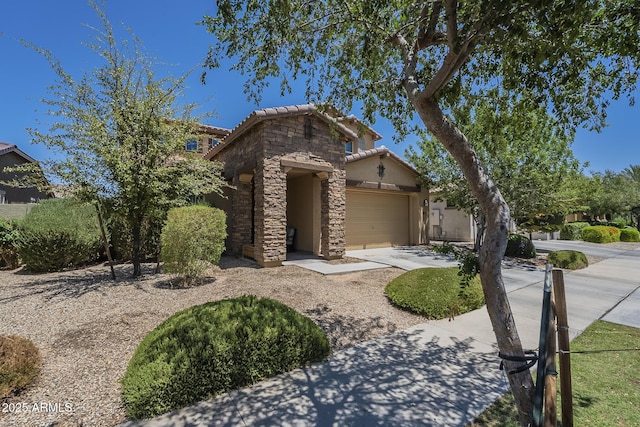 9752 E Torino Ave, Mesa, AZ 85212 - view of front of property featuring stone siding, a tile roof, driveway, an attached garage, and stucco siding