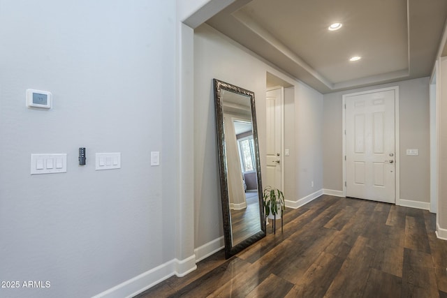 9752 E Torino Ave, Mesa, AZ 85212 - corridor with dark wood-type flooring, baseboards, recessed lighting, and a raised ceiling