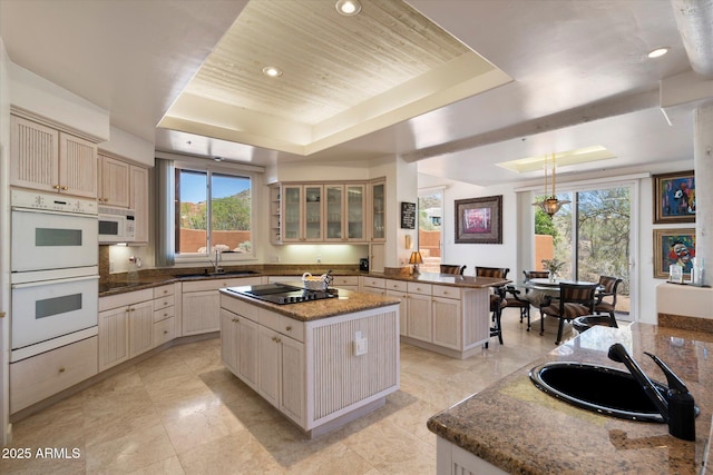 7728 E Mary Sharon Dr, Scottsdale, AZ 85266 - kitchen with white appliances, a raised ceiling, a sink, plenty of natural light, and recessed lighting