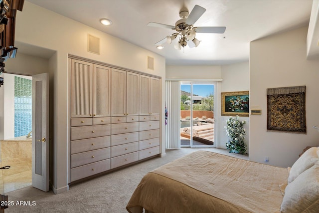 7728 E Mary Sharon Dr, Scottsdale, AZ 85266 - bedroom with access to exterior, light colored carpet, recessed lighting, and a ceiling fan