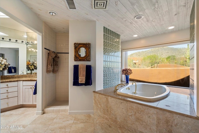 7728 E Mary Sharon Dr, Scottsdale, AZ 85266 - bathroom with vanity, a garden tub, wood ceiling, walk in shower, and baseboards
